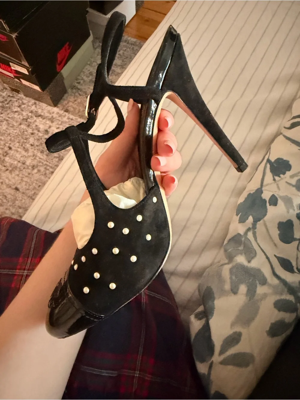 CHANEL Black Pearl-Stud Suede & Patent Slingback Heels